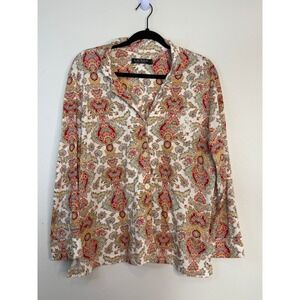 LRL Women's White Red Paisley Monogram Stitching Pocket 2 PC Pajama Set L